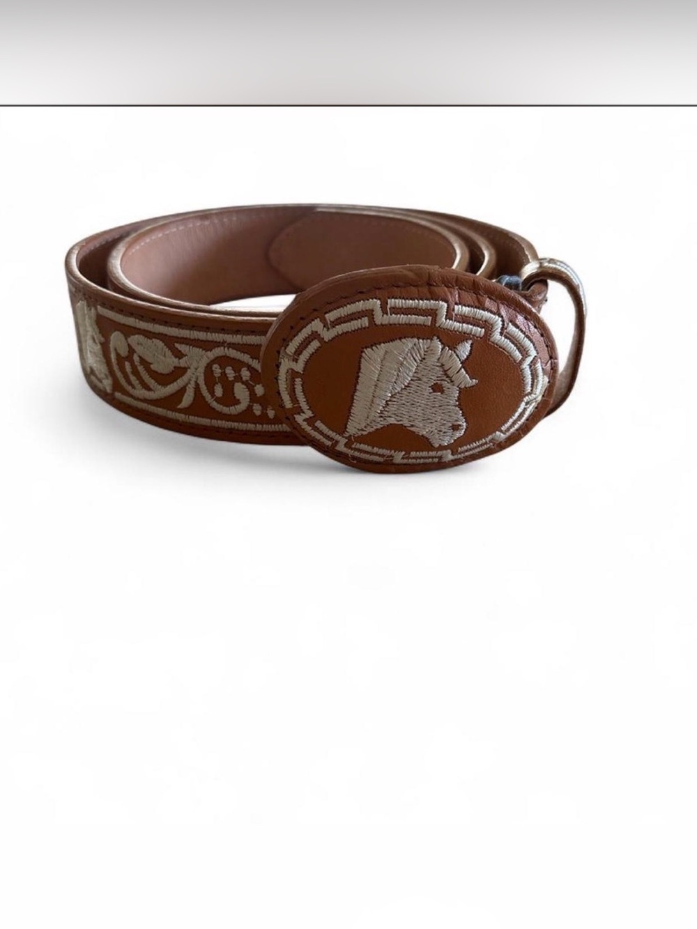 Source Unknown Tan Leather Belt with Cream Horse Embroidery
